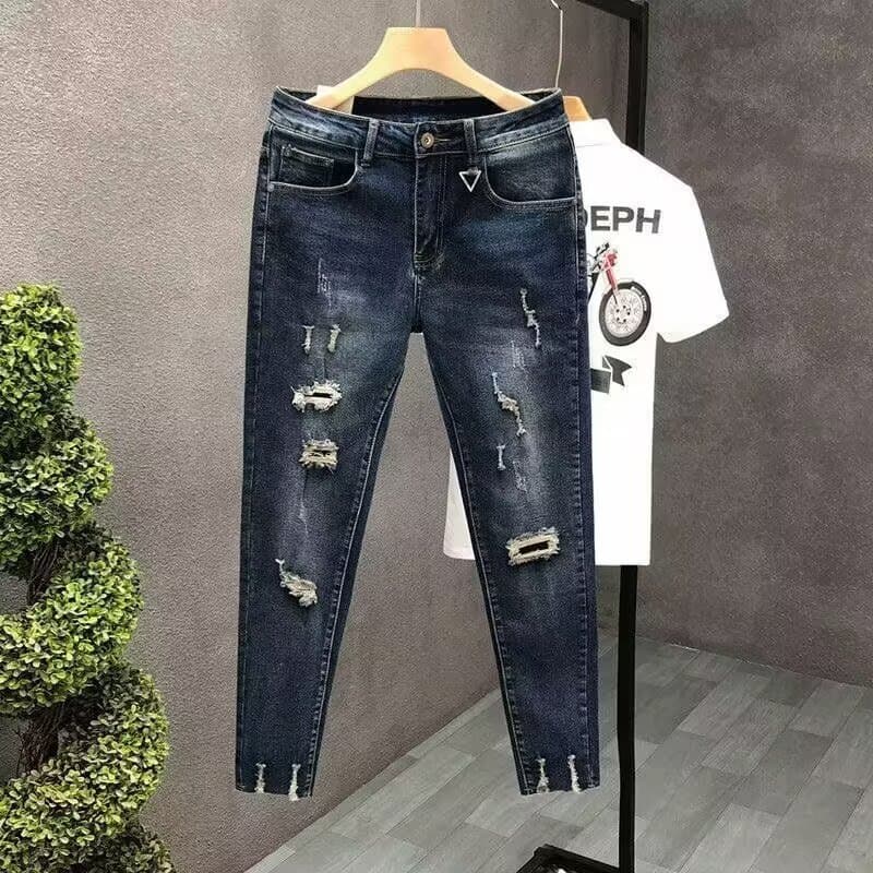 Men's Clothing Spring And Summer Personalized Ripped Jeans Trendy And Versatile Slim Elastic Straight Leg Pants