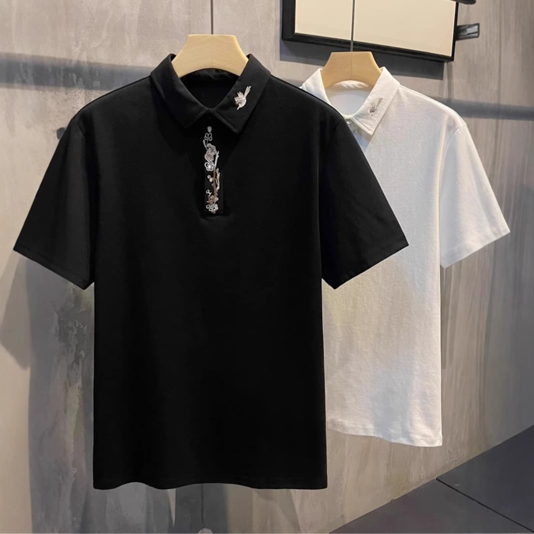 Men's Slim Fit Polo Shirt Premium Embroidered Plum Blossom Design Breathable Polyester Short Sleeve Casual Top M-3XL