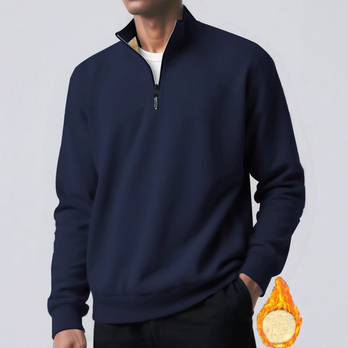 Men's Fleece-Lined High Neck Sweatshirt - Winter Zip-Up Thermal Top With Sherpa Interior, Slim Fit Pullover For Cold Weather