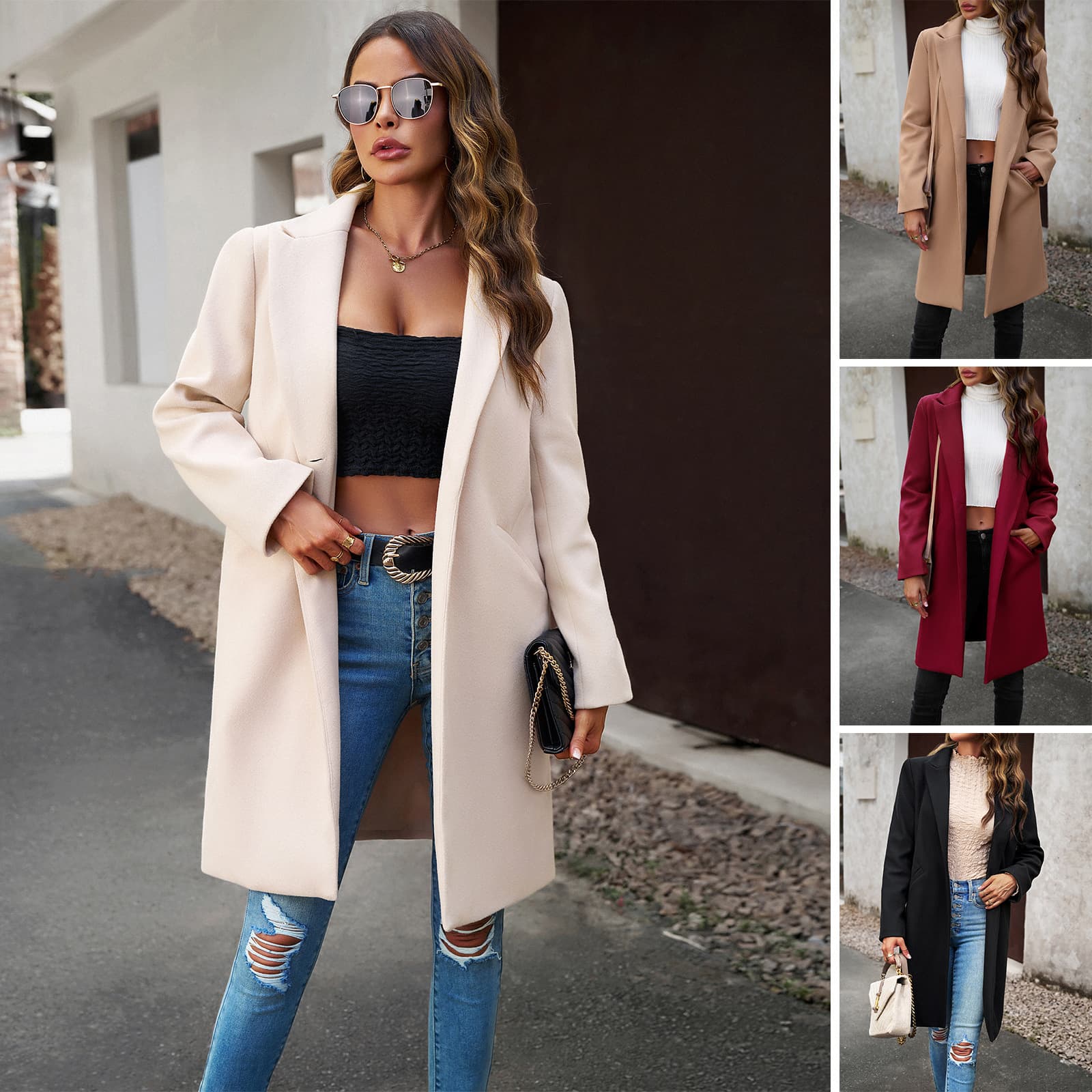 Women's clothing woolen coat solid color temperament commuter cardigan coat