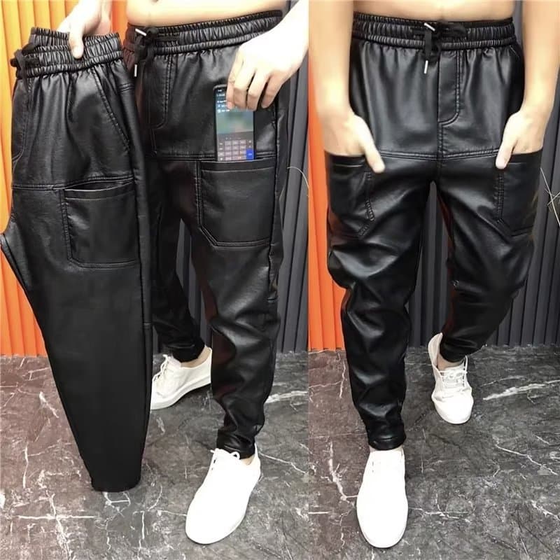 Spring and Autumn Leather Pants Men's Casual Pants Waterproof No-Wash Pants Trendy Black Leather Pants Motorcycle PU Small Leg Pants