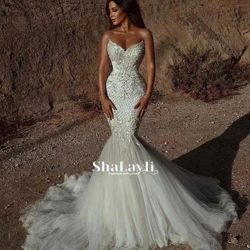 Women's Clothing Wedding dress fishtail bride new tube top fluffy long tail temperament lawn wedding welcome out yarn