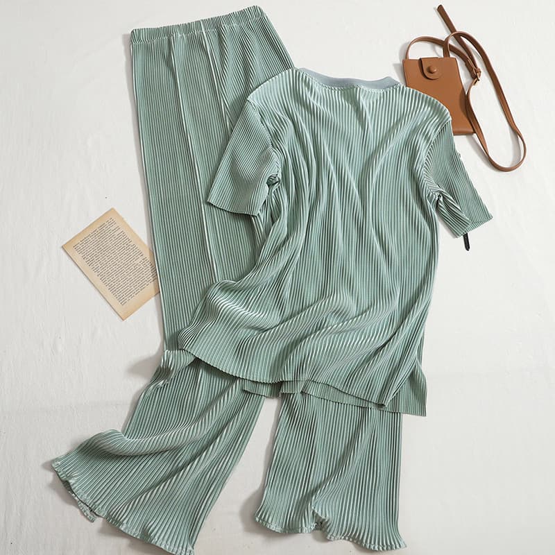 Women's Clothing new style temperament round neck T shirt top high waist split wide leg pants two piece suit