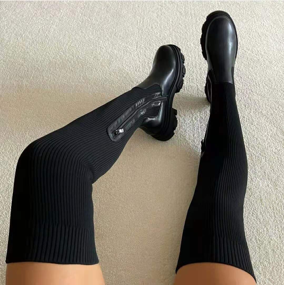 Women’s Shoes Thick Bottom Round Head Knitted Stitching Over-the-knee Women's Boots