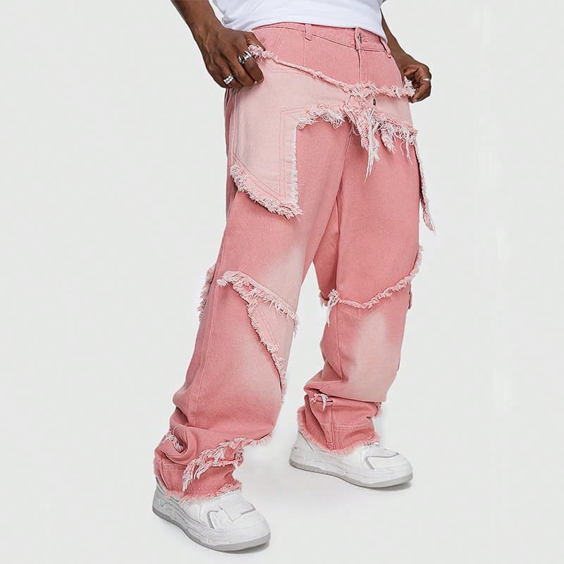 Men's Clothing vibe style high-grade stitching pink jeans hip-hop workwear wide-leg Tencel jeans for men