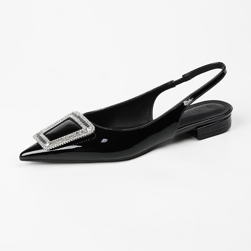 Women's shoes black pointed rhinestone square buckle back empty line with a flat shoe
