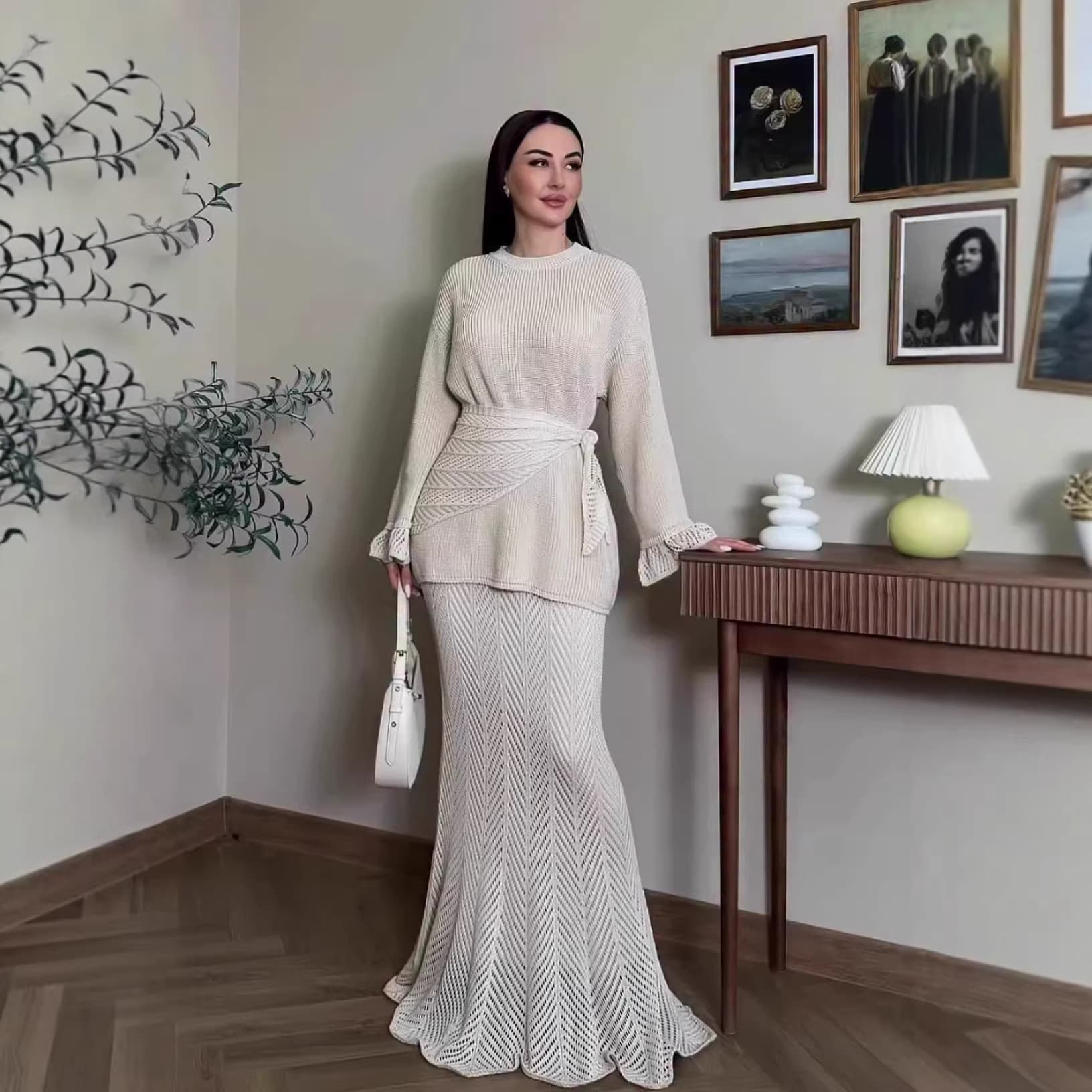 Modest Abaya Dress/Muslim Dress Women Elegant Long Sleeve Midi Dress Set - Flowy Knit Two-Piece Outfit With Bell Sleeves (S-XXL, Beige)​​