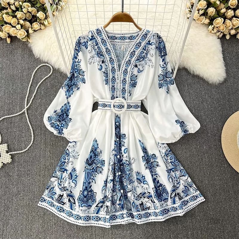 Women's Fashion V-neck Long Sleeve Bohemian Print Dress