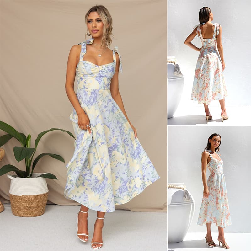 Beautiful New Slim Slim Waist V-neck Suspender Print Midi Dress For Women