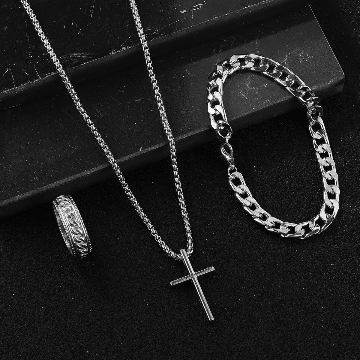 Jewelry men's cross necklace bracelet ring three piece set hip hop personality versatile accessories