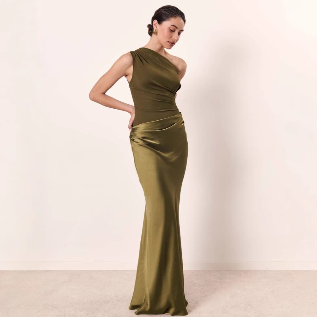 Sexy Off-Shoulder Ruffle Wrap Satin Mermaid Dress – High Waist Elegant Formal & Party Wear For Women (Coffee, Olive, Lake Blue)