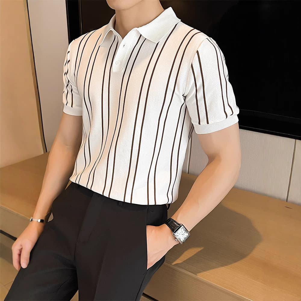 Men's Slim Fit Ice Silk Knit T-Shirt Striped Collar Short Sleeve Fashionable Summer Polo Casual One-Piece Polyester Top