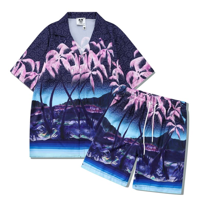 Men's clothing high street flower shirt suit beach coconut tree shirt casual cardigan shorts matching men