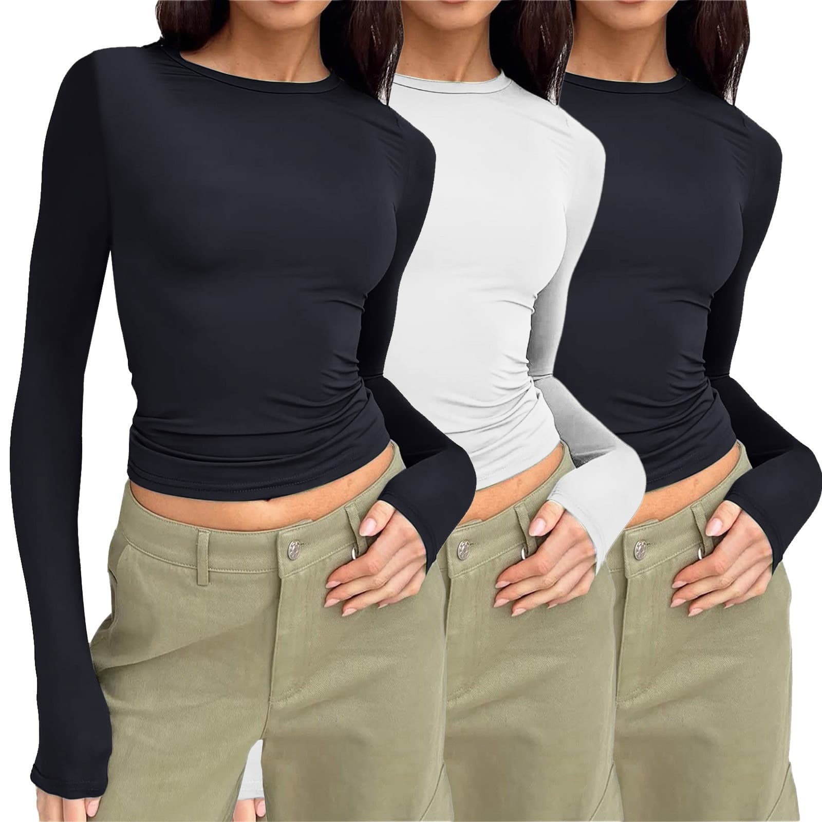 Women's Clothing Slim Fit Long Sleeve T-Shirt 3-Pack – Soft Polyester Round Neck Casual Top For Everyday Wear​​