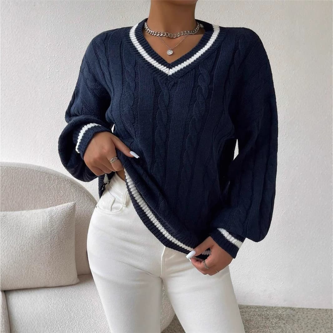 Chic Contrast Cable Knit Sweater For Women - Oversized V-Neck Long Sleeve Pullover With Lantern Sleeves, Soft Acrylic Blend, Autumn Winter Essential