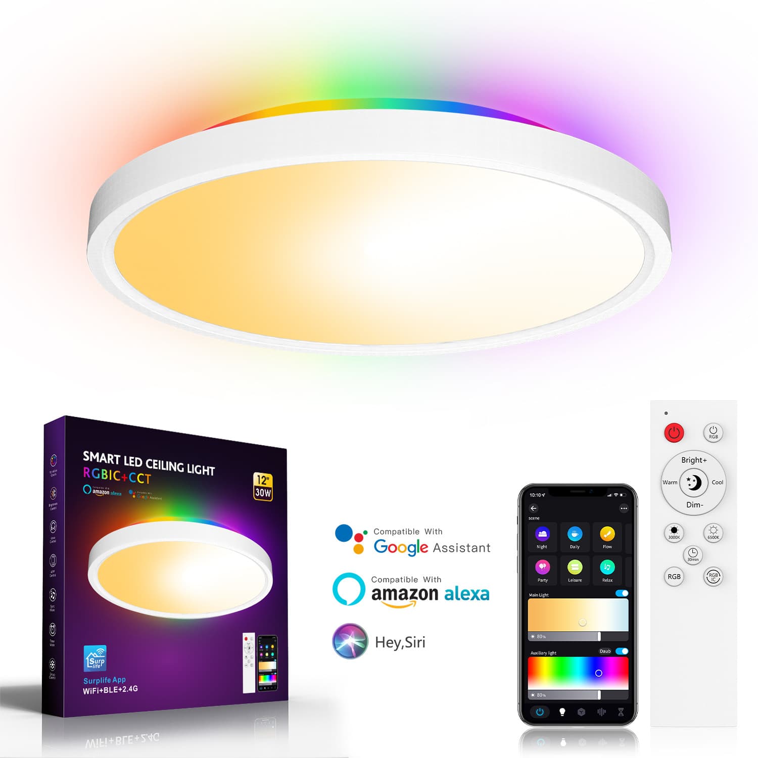 Smart Wifi Bluetooth Remote Control Dimming Color Alexa Voice Modern Ultra Thin Round Rgbcw Colorful Ceiling Lamp