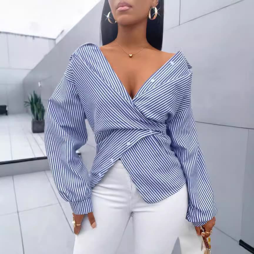Women's Clothing Spring And Summer Fashion Sexy Versatile Striped Long Sleeved Shirt