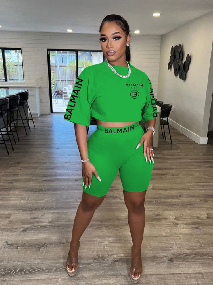 X2381 2023 femmes été mode lettre offset imprimé col rond manches courtes ensemble de shorts