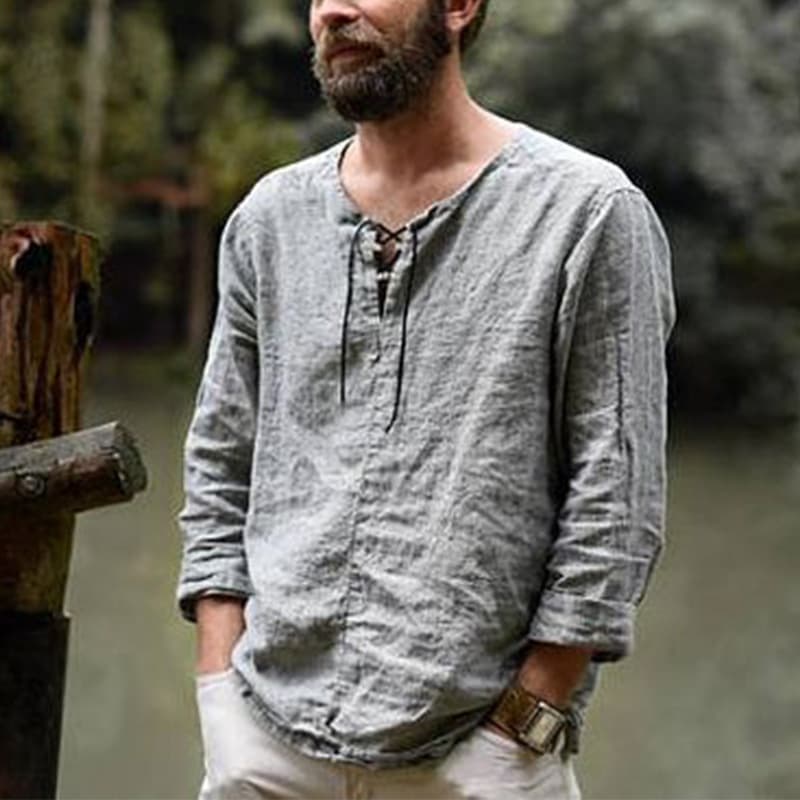 Men's Clothing Long Sleeved Shirt T Shirt Solid Color Solid Color Cotton And Linen Top T Shirt