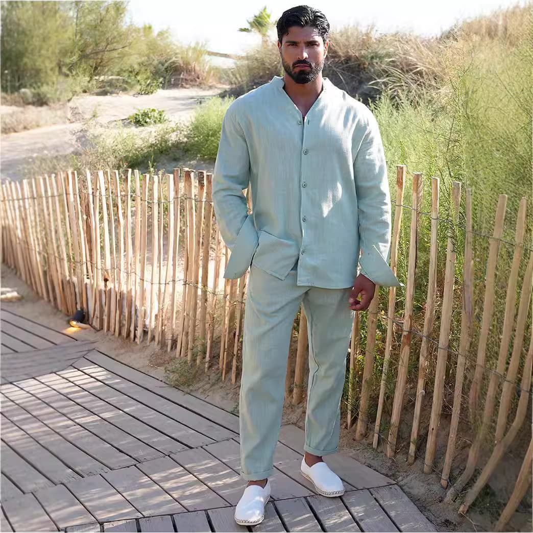 Men's Clothing Sports Suit Men's Linen Autumn Casual Suit Long Sleeved Fashion Workwear Trousers Foreign Trade Two Piece Set