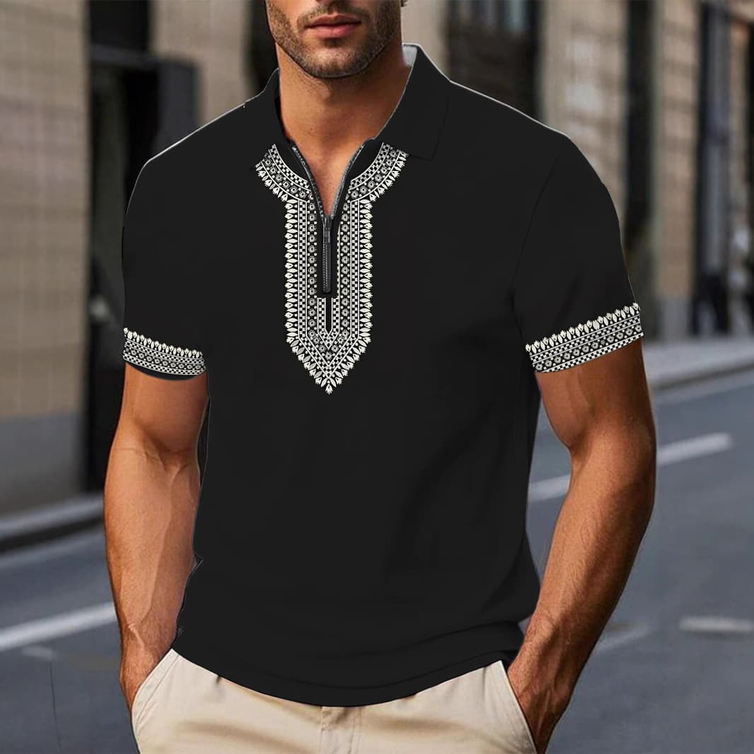 Men's Clothing Summer Fashion Trend Printed Pattern Comfortable Simple Breathable Short Sleeved Zipper Polo Shirt