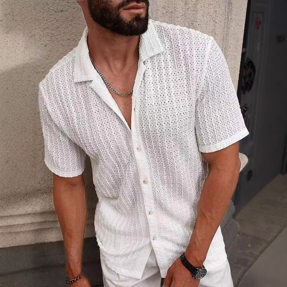 Men's Clothing Casual Knitted Shirt Solid Color Lapel Hollow Breathable Short Sleeved Top