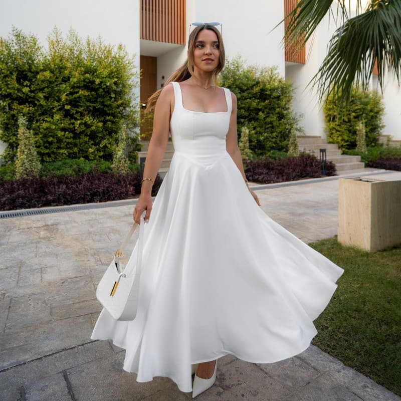 Spring/Summer Elegant Long Dress European And American Style Solid Color Square Neck Slim Waist Backless Simple Sleeveless Spaghetti Strap