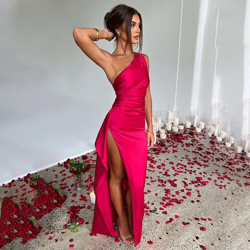 Single-shoulder pleated slit sexy satin dress summer style slim fit solid color long skirt women