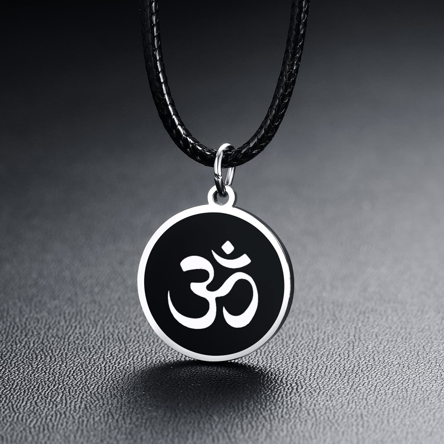 European And American Jewelry, Round Leather Cord Necklace, Stainless Om Pendant In Steel Color, Men's Metal Necklace