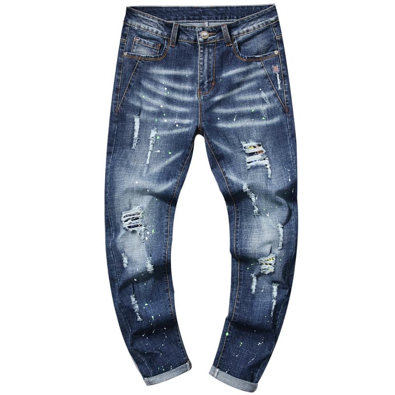 ​​Men's Slim Fit Stretch Jeans – Distressed Embroidered Straight-Leg Denim Pants With Paint Splatter & Patchwork (28-38)​​