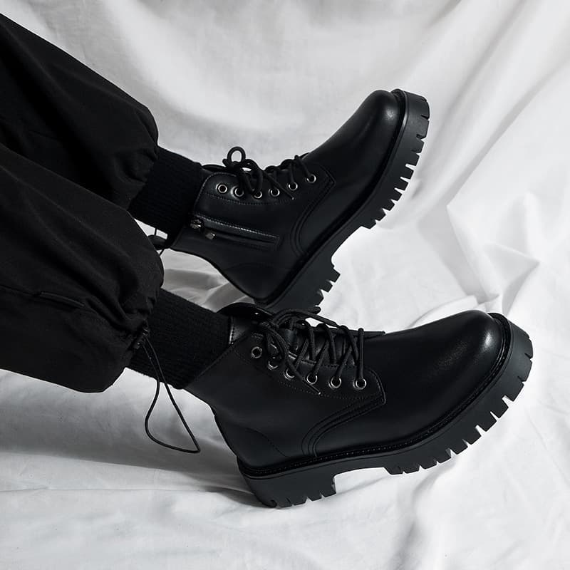 European Warm Series Side Zipper Martin Men British Style Genuine Leather Black Workwear Motorcycle Winter Height Increasing High Top Short