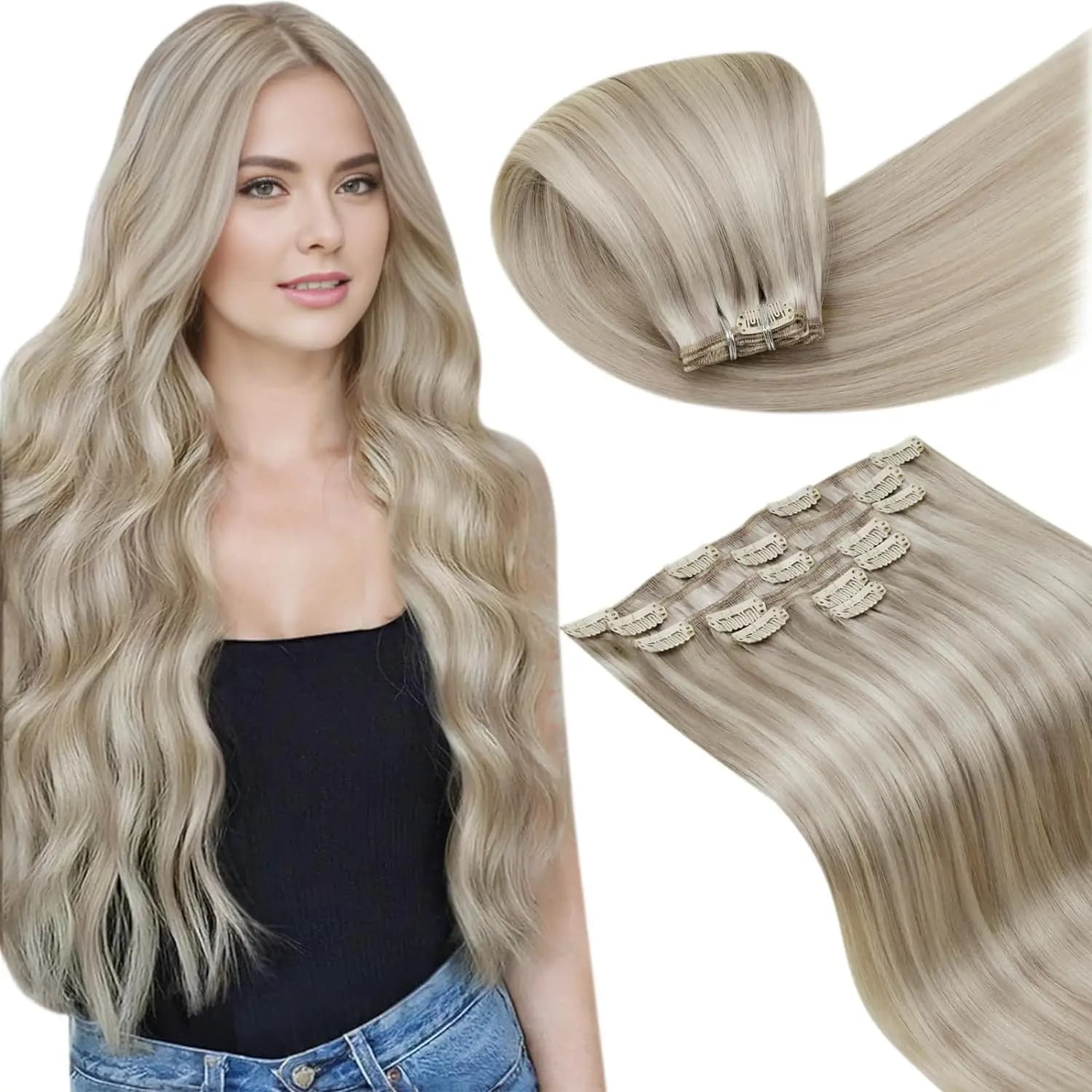 LaaVoo Remy Hair Extensions Clip Human 12-24inch Real Natural Straight Double Weft 80G&105G