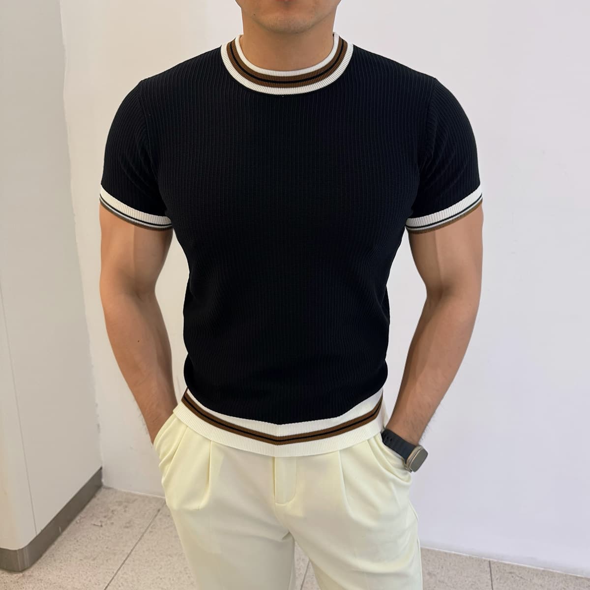 Men's Stylish Color Block Short Sleeve T-Shirt - Breathable Knit Fabric, Trendy Summer Casual Top