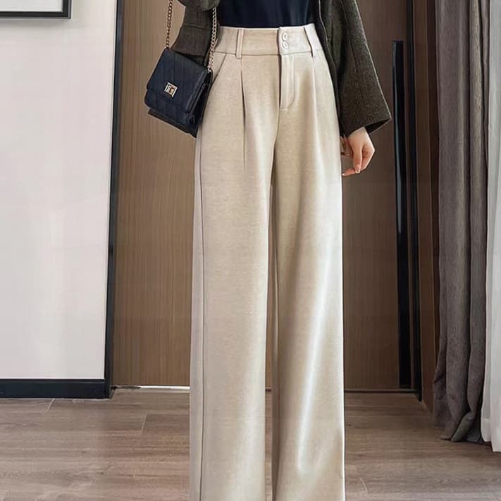 ​​Women's High Waist Wide Leg Dress Pants - Flowy Trousers With Stretch, Winter Wool Blend Fabric, Plus Size Available In Beige, Black & Oatmeal​​