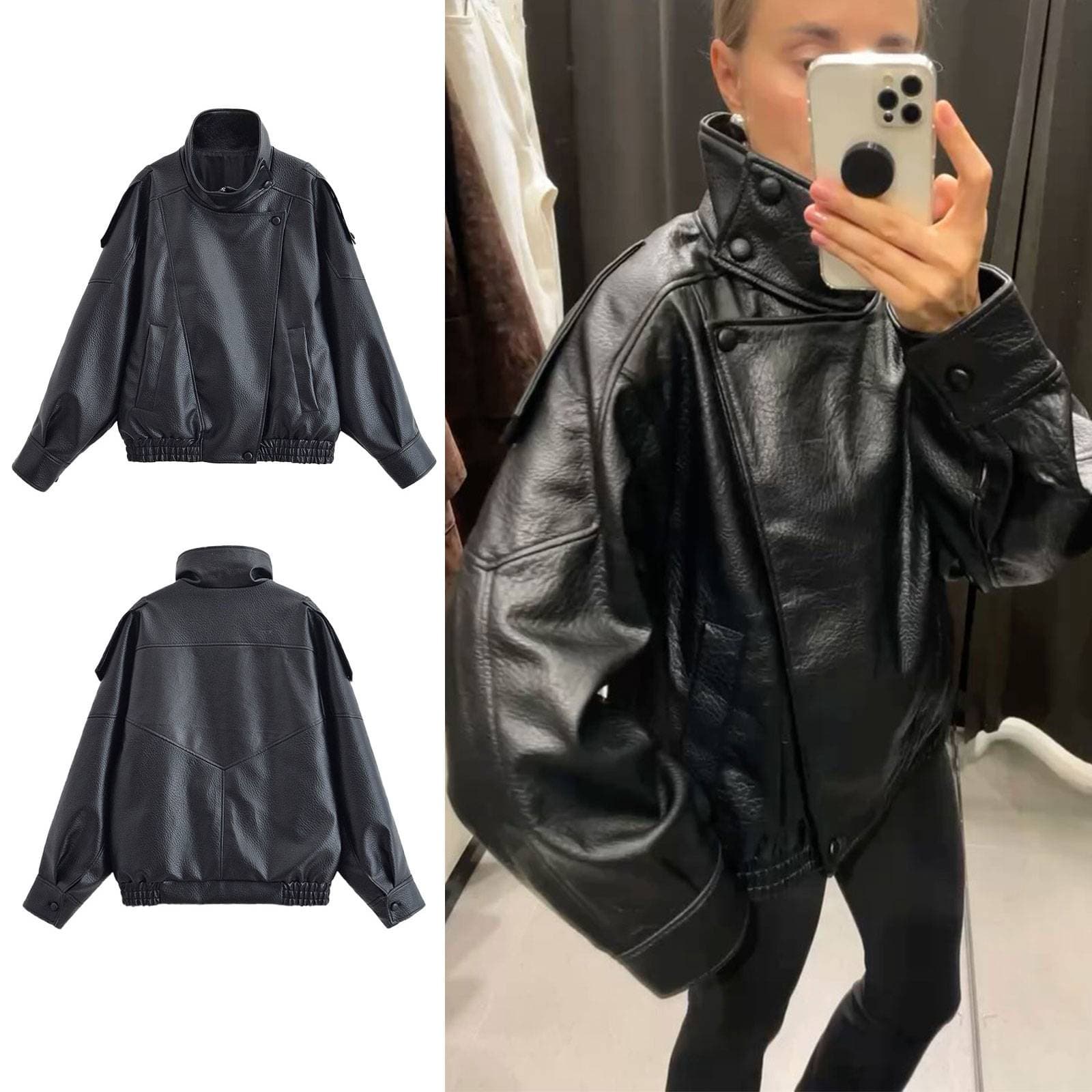 "Women's Faux Leather Jacket With Lychee Pattern – Trendy Biker Style Coat For Autumn & Winter"