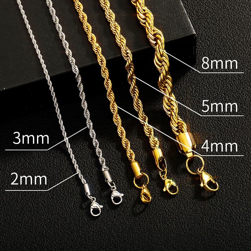 8mm Twist Rope Chain Necklace – Stainless Steel Hip Hop Jewelry With Color-Preserving Electroplating