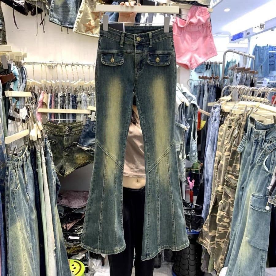 Women's Clothing Autumn Retro Sexy High Street Jeans Elastic High Waist Slim Flared Mopping Trousers For Women