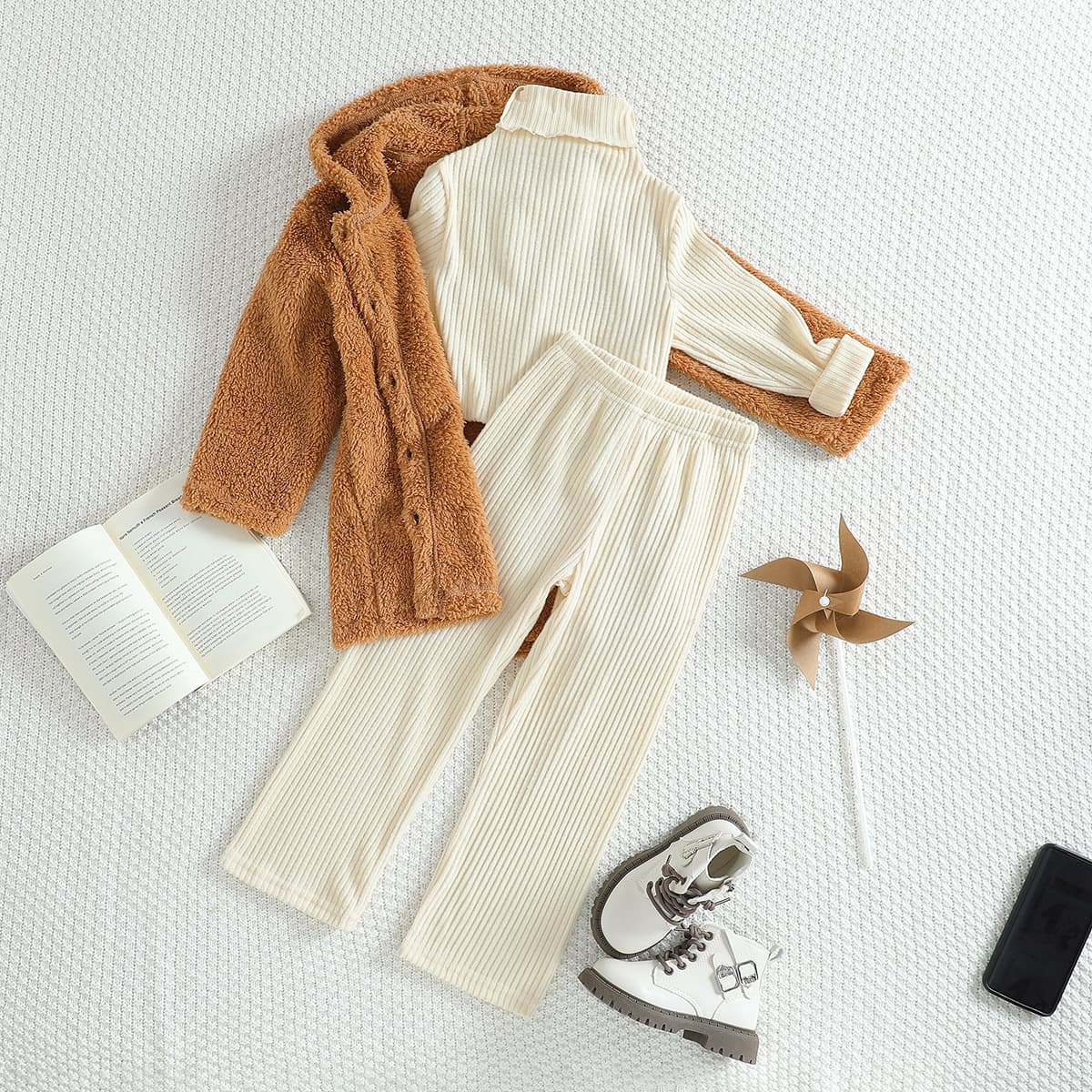 Kids’ Winter Corduroy 3-Piece Set – Cozy Fleece-Lined Hoodie, High-Neck Top & Pants (4Y-7Y, Caramel Brown)​