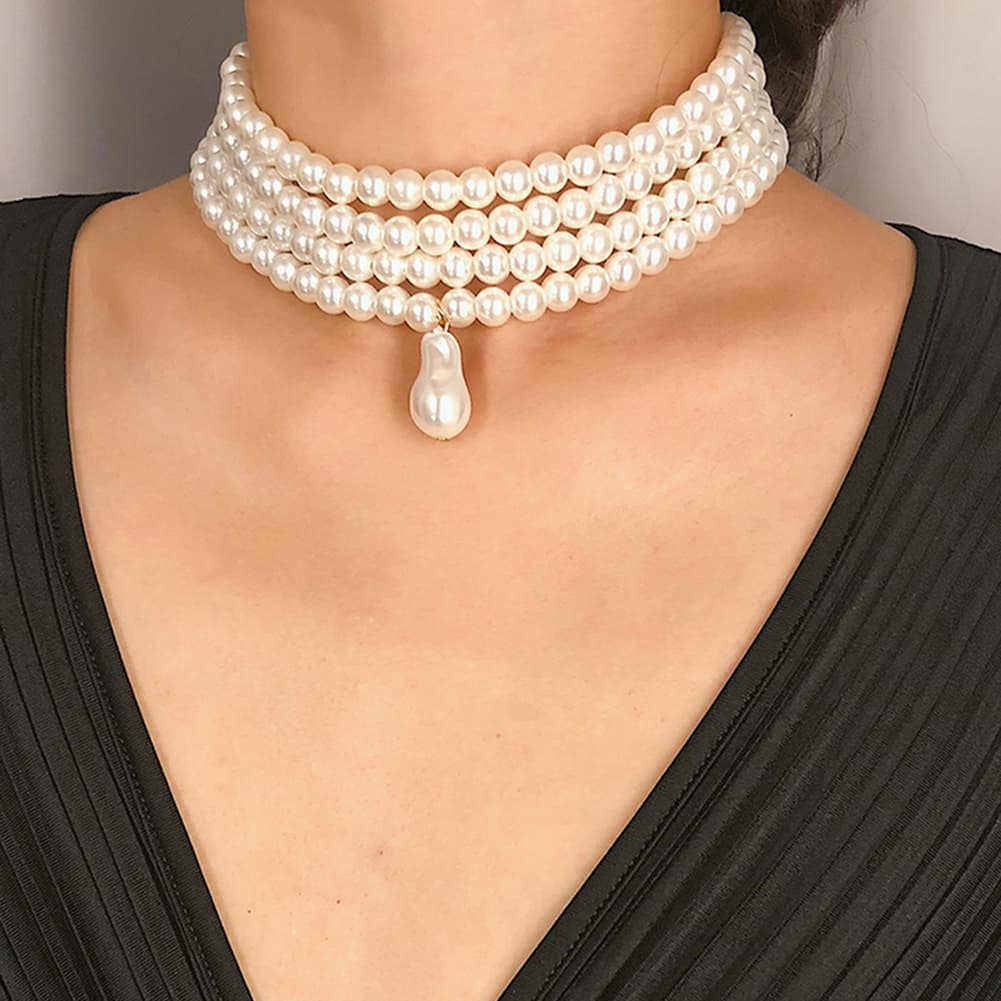 Shuosbai Elegant Women Multi-layer Pearl Beaded Choker Necklace Party Jewelry Gift