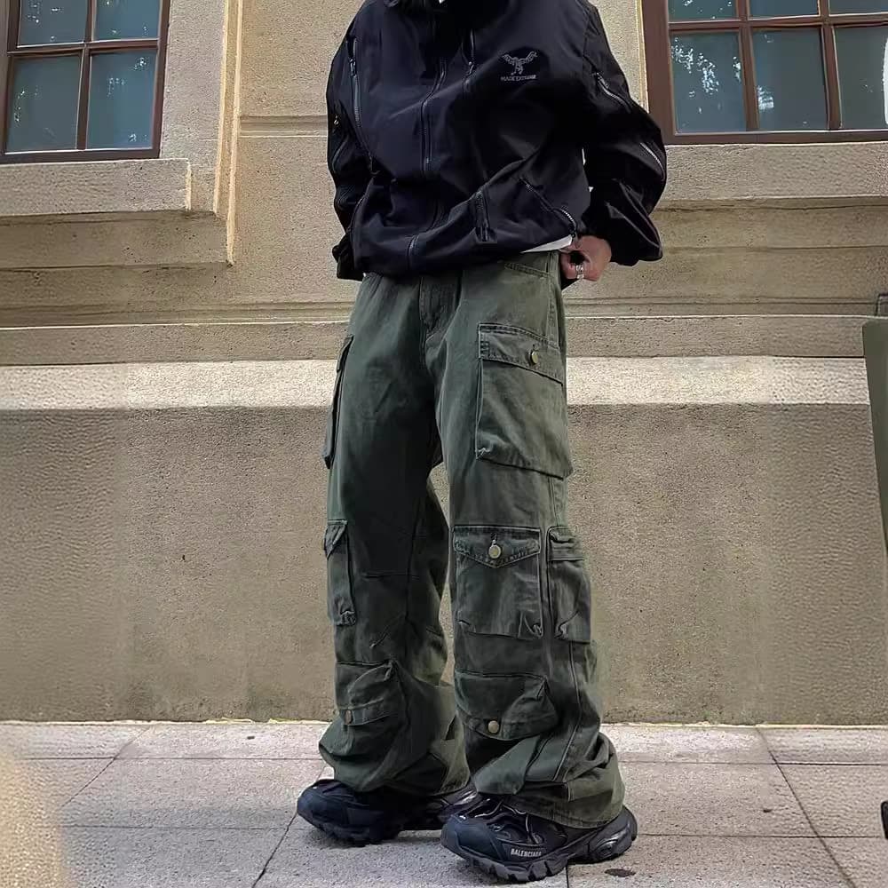 Premium Products 2025 Style Trendy Casual Pants, Large And Loose, Straight Wide Leg, Multi Pocket Workwear Pants For Men