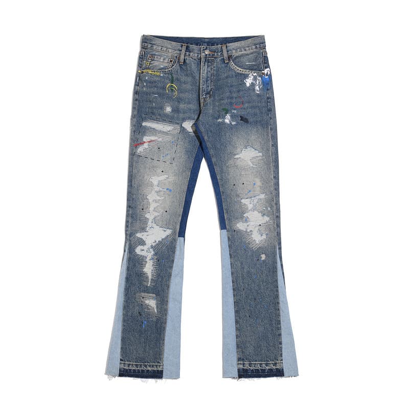 Men's Clothing Washed Old Damaged Holes Cat Whisker Embroidery Print Ink Splash Micro Flared Wide Leg Jeans Jeans
