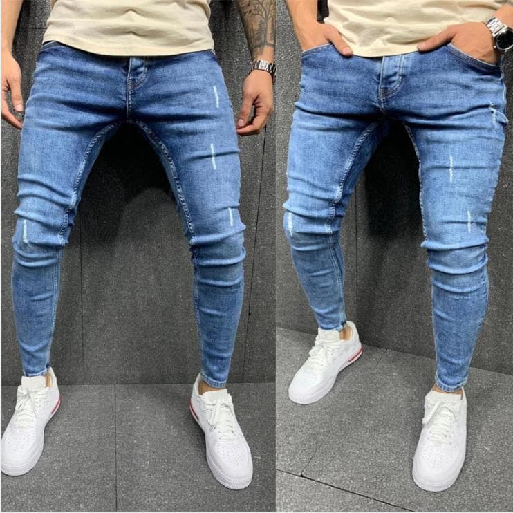 Men's Stretch Skinny Jeans With Distressed Frayed Hem, Comfortable Slim Fit Denim Pants
