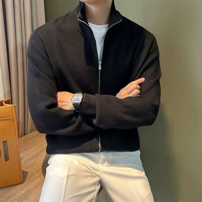 Men's Knitted Zipper Cardigan Jacket - Stand Collar Casual Sweater With Side Pockets (Black/Apricot/Brown, M-XXXL)