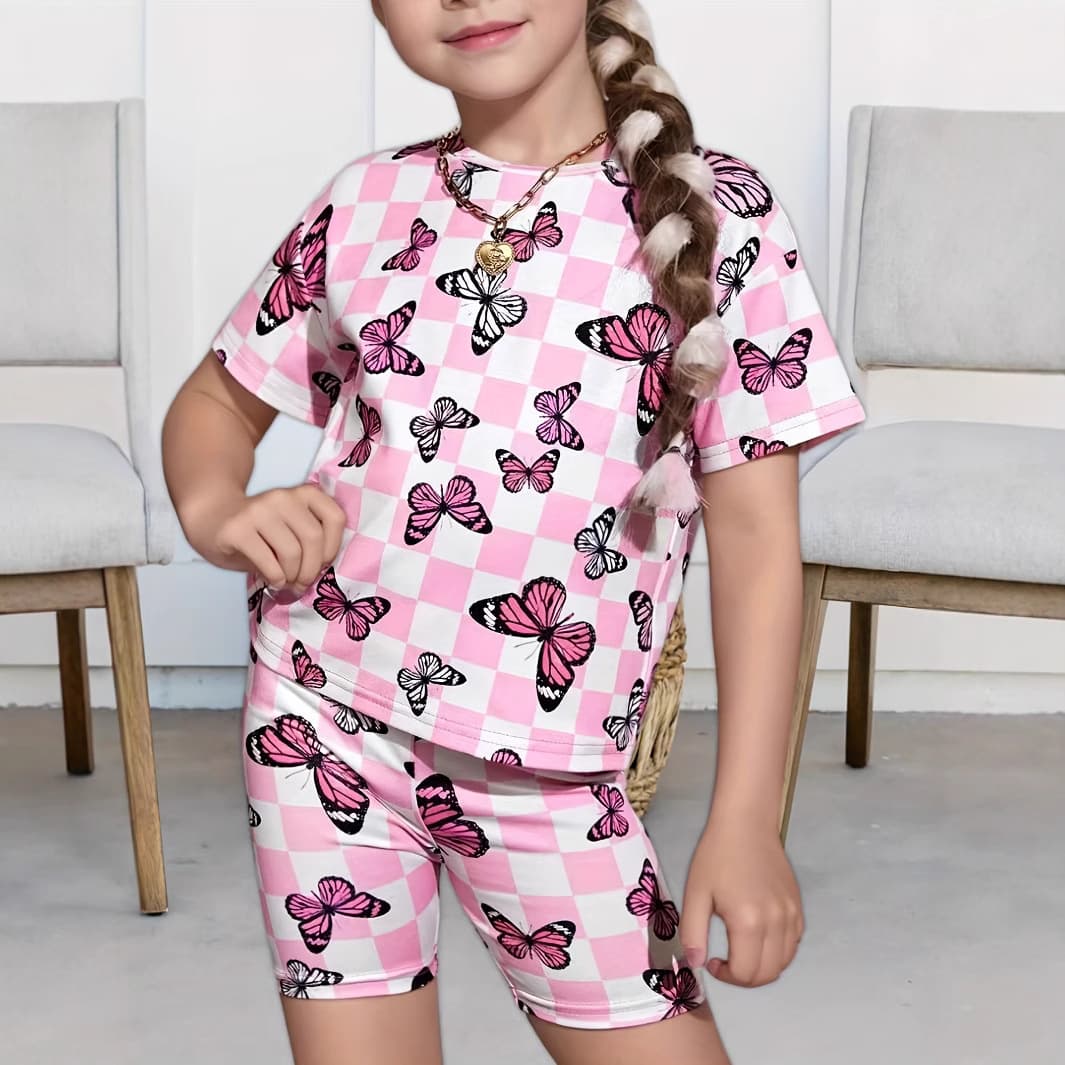 Mother & Kids INS Girls Butterfly Plaid Full Print Illustration Printed T Shirt Casual Summer Suit