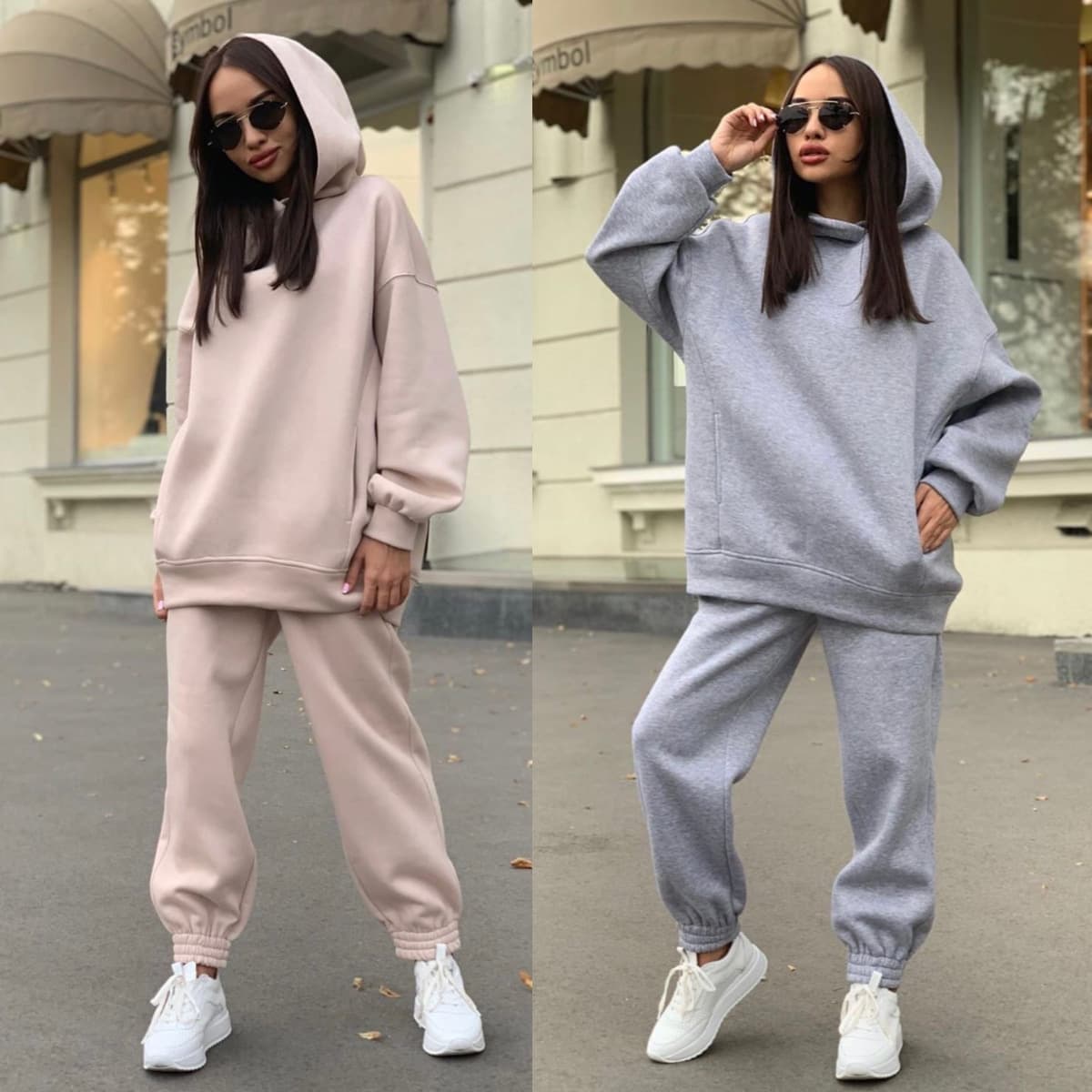 European and American autumn and winter new fashion solid color hooded sweatshirt casual two-piece set