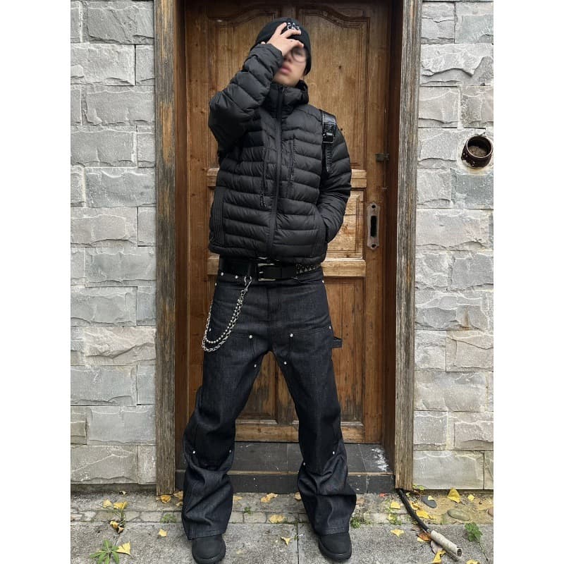 Men's Style Raw Denim Logging Pants Rhinestone Embellished A-Line Jeans Loose Fit Slightly Flared Wide Leg Street Style