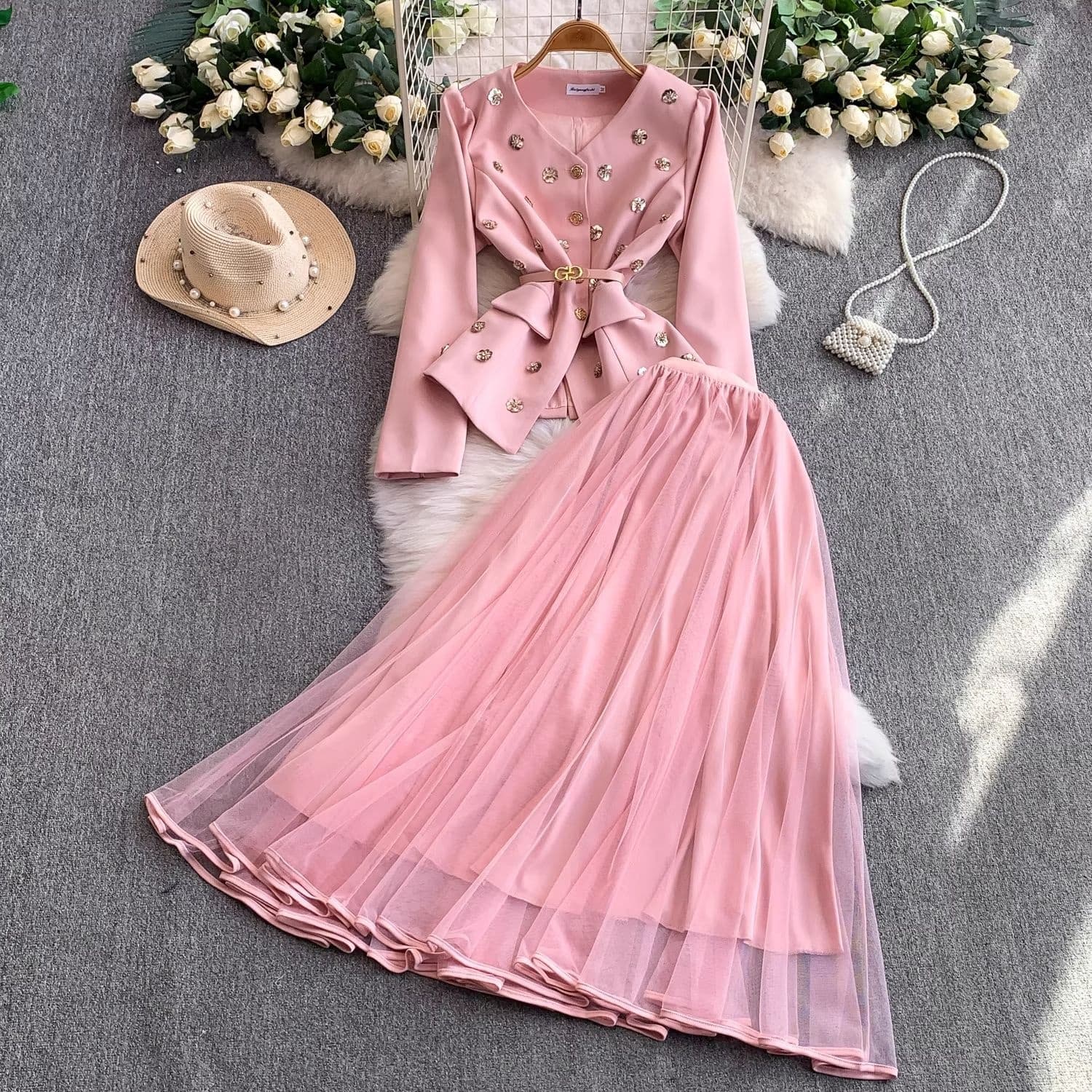 European And American Style Light Heavy Metal Flower Buckle Suit Waist Slimming Jacket + Fairy Mesh Long Skirt