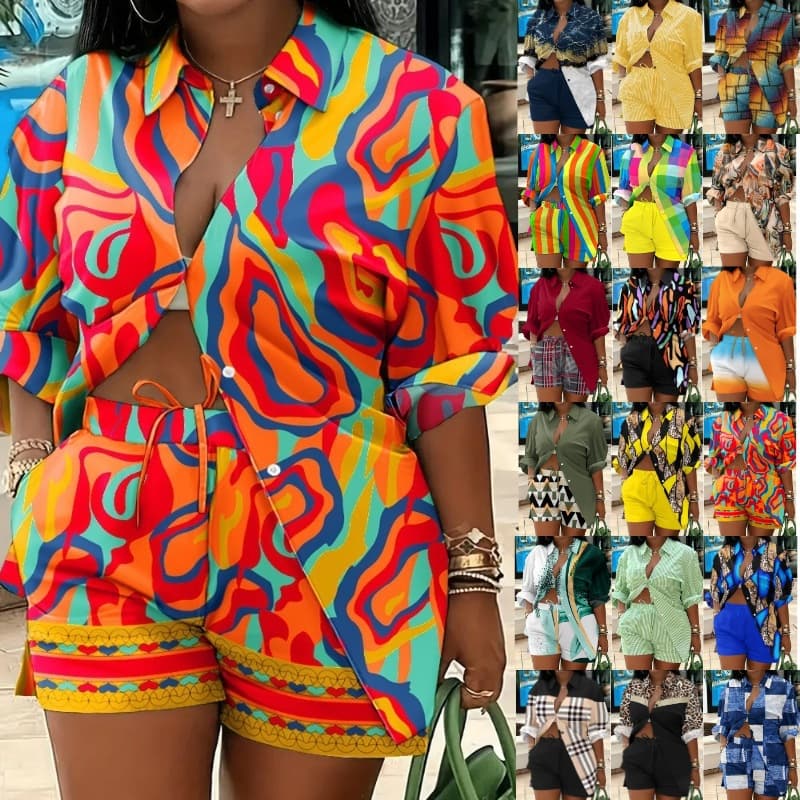 Women's Printed Suit Lapel Shirt Shorts Two-piece Set Long-sleeved Printed Button Lace-up Shorts Two-piece Set