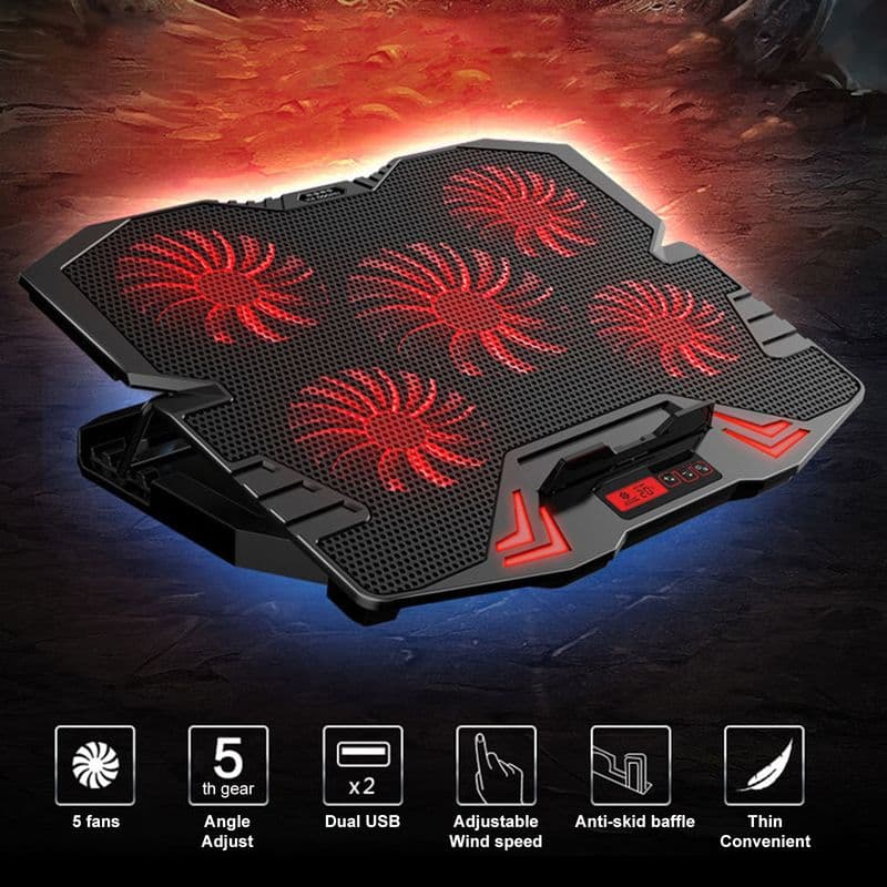 Xinweiqing K5 Cooling Pad Five Fans Comfort Angle Dual USB Ports Adjustable Wind Speed Laptop Cooler for Notebook