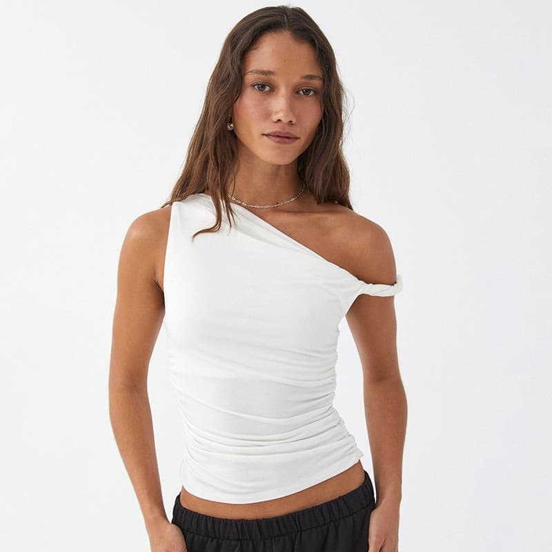 Women's Clothing Solid Color One Shoulder Oblique Collar Pleated Asymmetrical Sexy Slim Fit Top